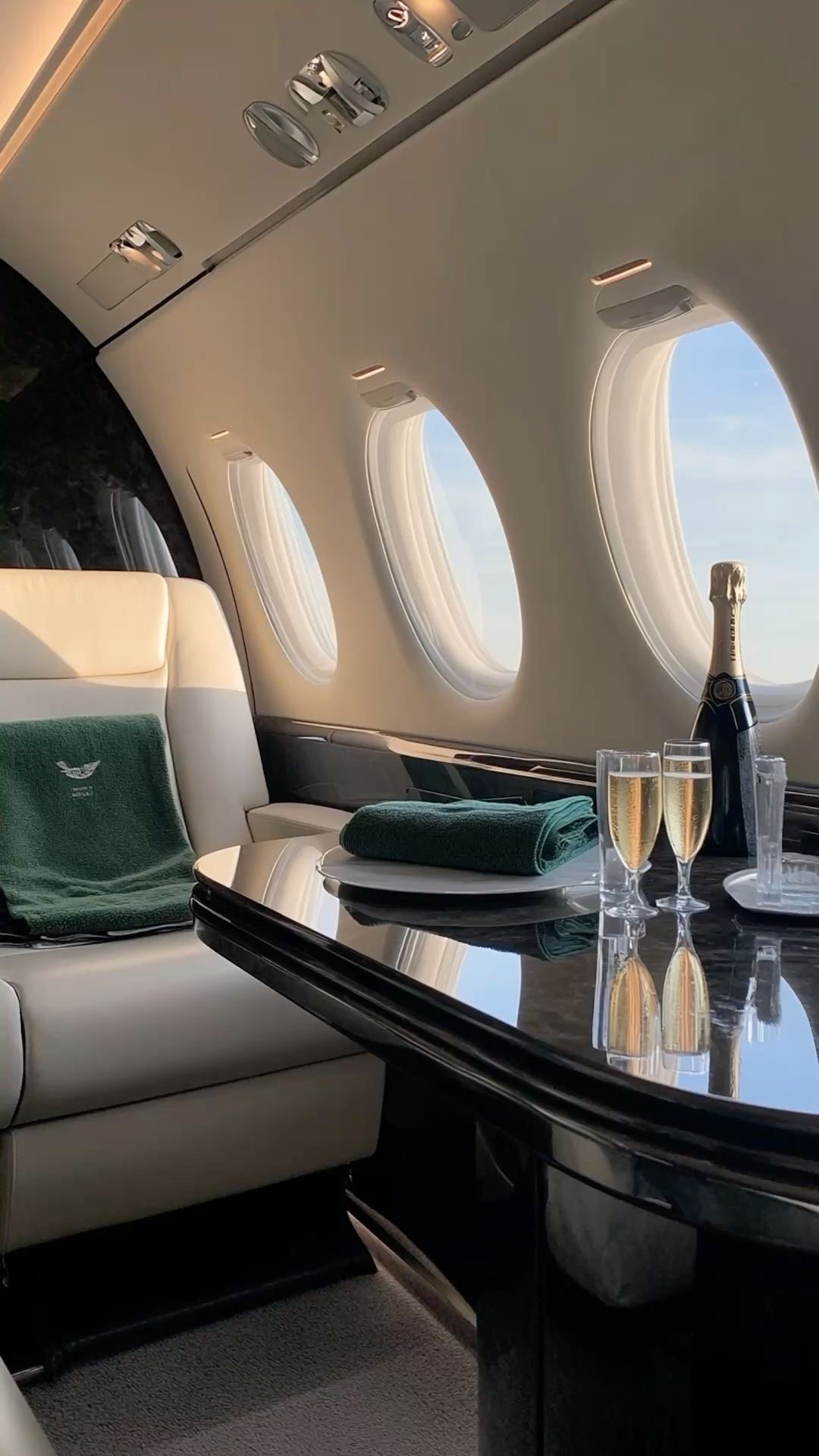 Private jet cabin with champagne service by the window