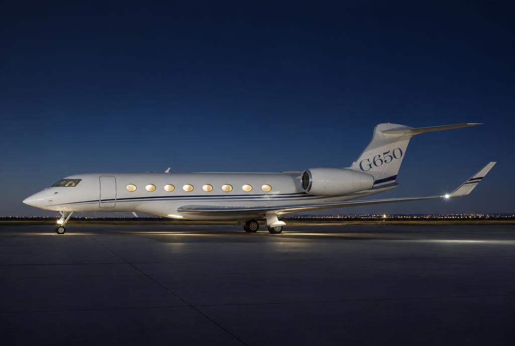 Gulfstream G650 on the ramp at dusk